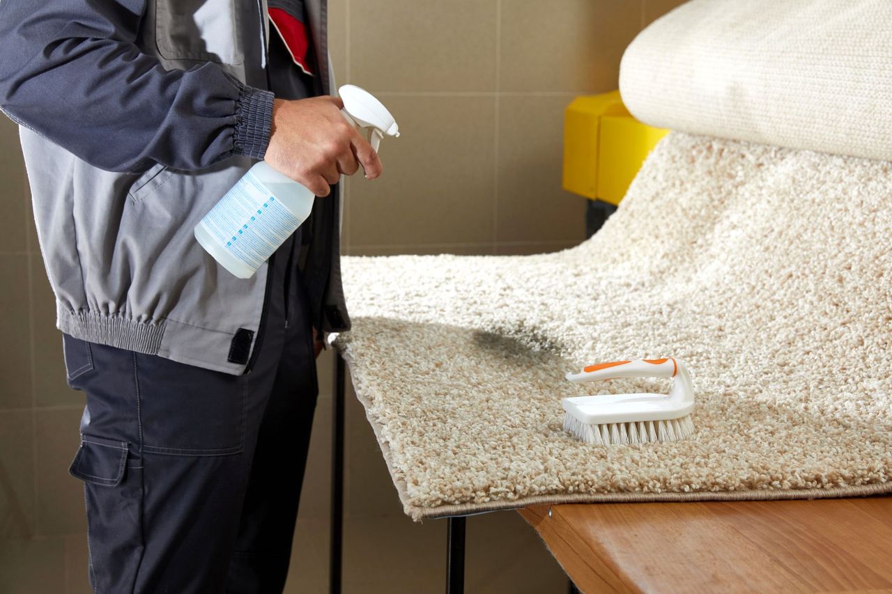 Cleaning technician spraying a spot treatment onto gray carpet